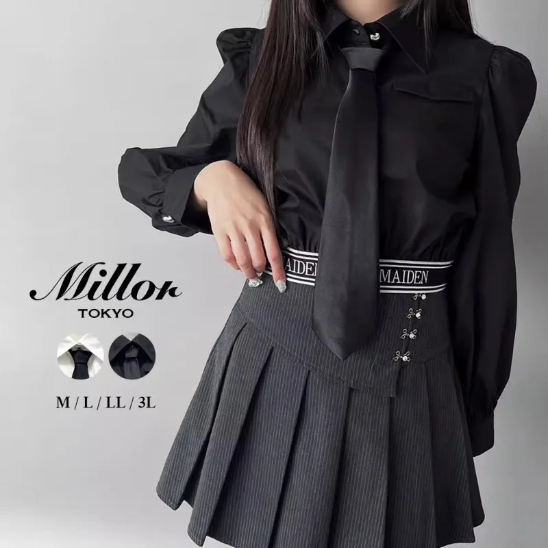 Japanese Simple SC Versatile Short Tie Blouse Letter Splicing Long-sleeved Small Lapel Solid Color Long Sleeves Black Shirt Girl