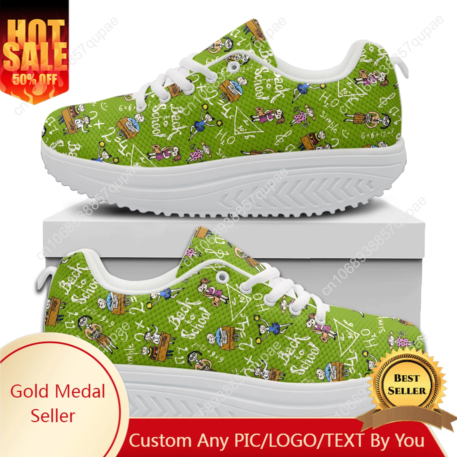 

Mathematical Formula Green Women's Fashion Casual Rocking Shoes Lace-up High Quality Height-increasing Shoes Custom Shoes