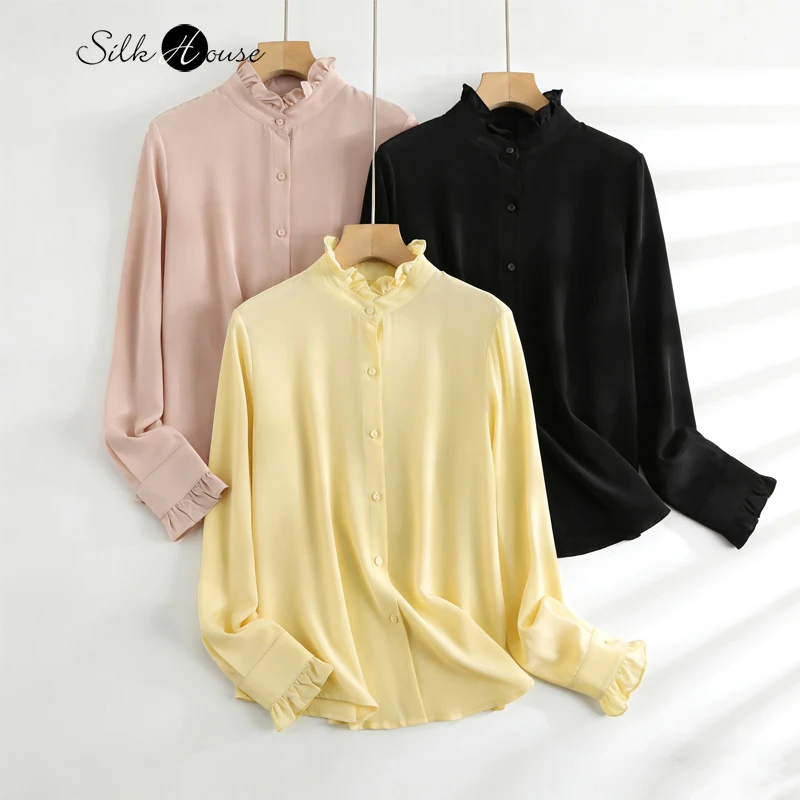 قميص نسائي ربيعي/خريفي جديد على طراز القصر 100% حرير التوت الطبيعي 03 كريب دي تشاين فرنسي سادة بأكمام طويلة وياقة بتلات