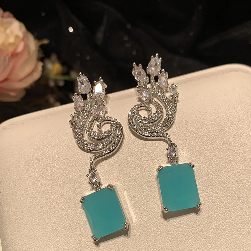 Peacock Flower Super Sparkling S925 Silver Needle Elegant and Sweet Leaf Frosted Sea Blue Square Earrings