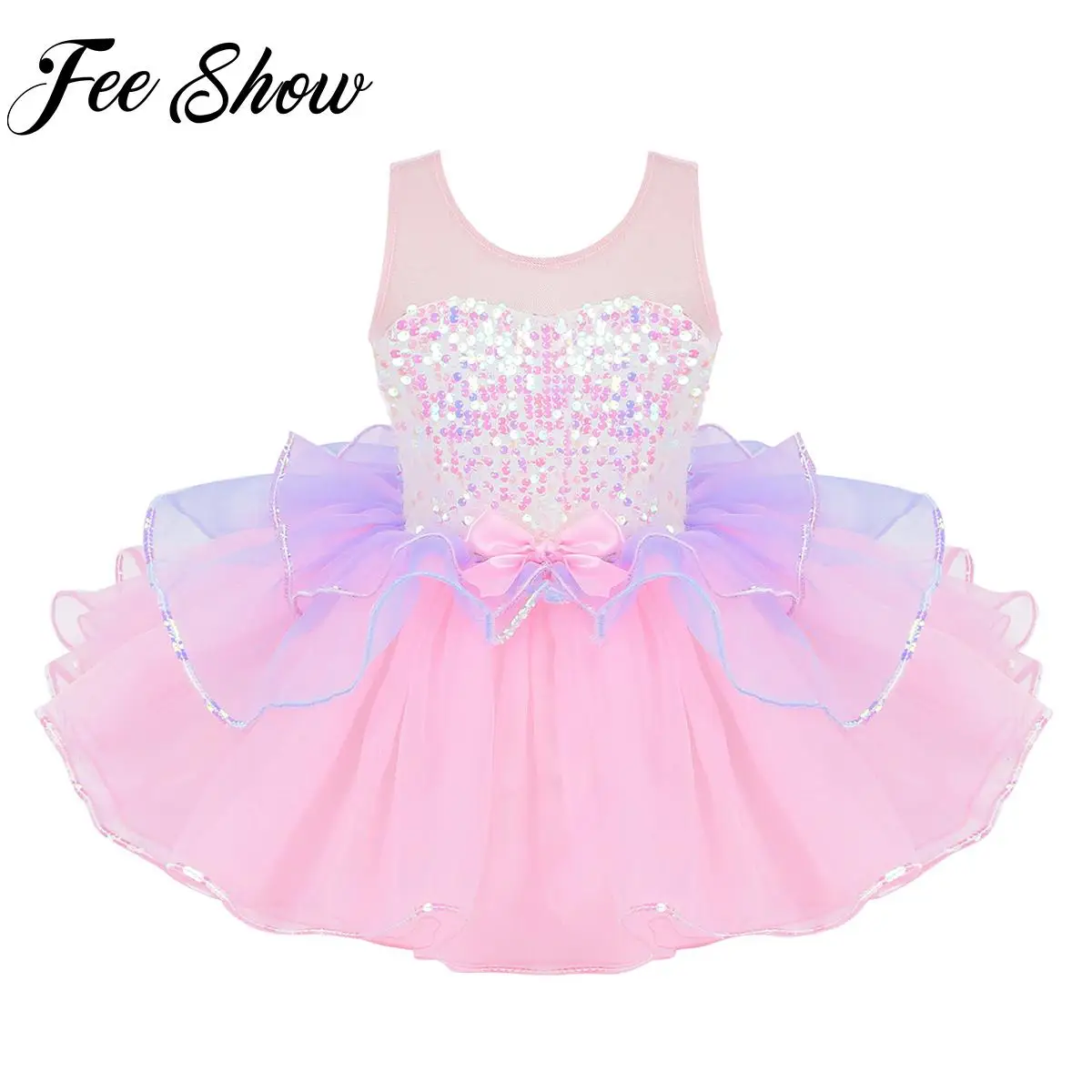 

Kids Girls Ballet Dance Gymnastics Leotard Tutu Dress Dancewear Shiny Sequins Mesh Splice Bowknot on Waist Ball Gown