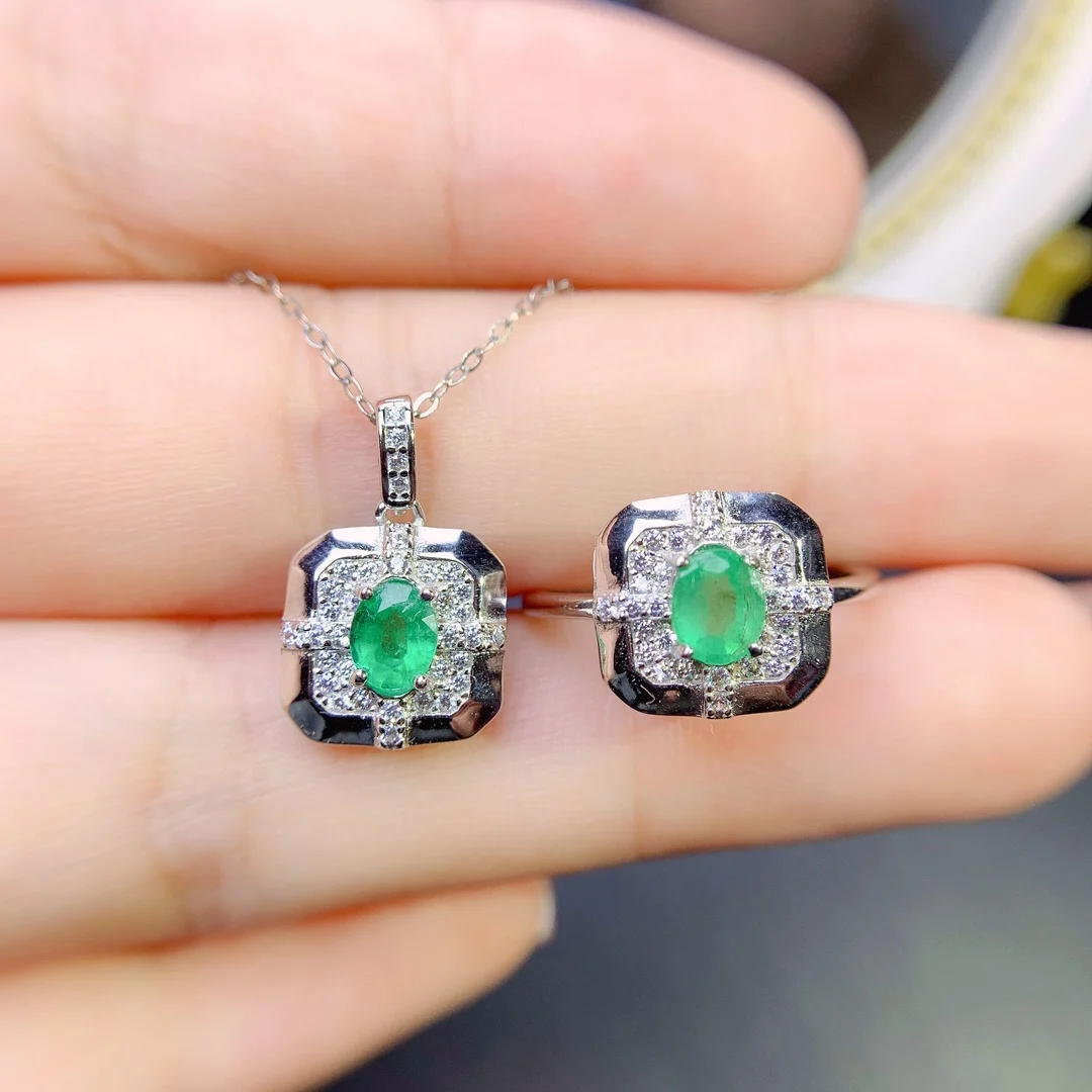 Ladies Sterling Silver 925 Natural Colombian Emerald Diamond Collection Shipping free wholesale elegant Christmas gift boutique