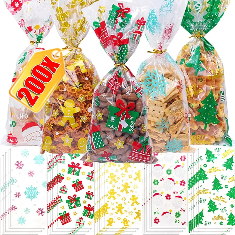 200/50Pcs Christmas Gift Bag Transparent Plastic Bags For Presents Candy Bisuits Xmas Home Store Sale Gift Pounch Wrapping Bags