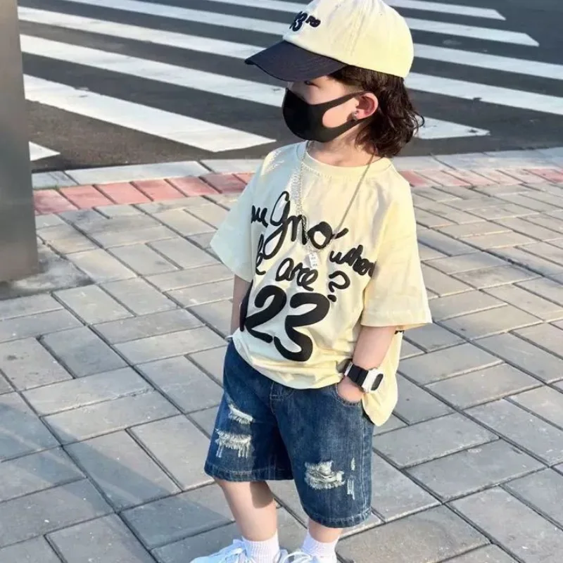 Summer Kids' Printed Cotton Short Sleeve T-Shirt Loose Fit Round Neck Apricot Color Boys' Tops Comfortable Breathable​
