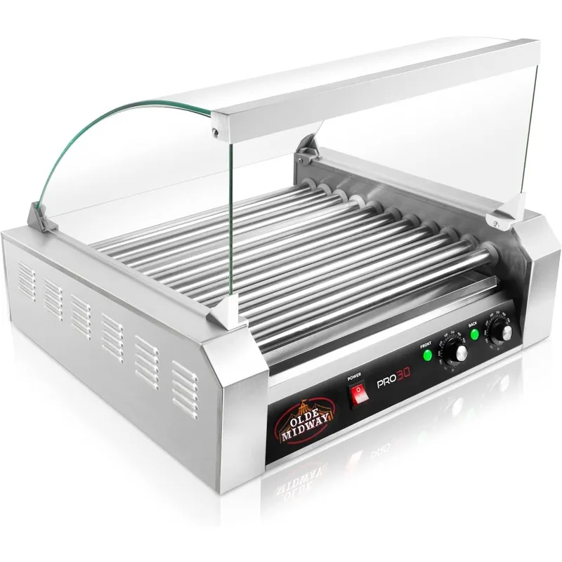 Olde Midway Electric 30 Hot Dog 11 Roller Grill Cooker Machine with Cover 1400-Watt - Commercial Grade