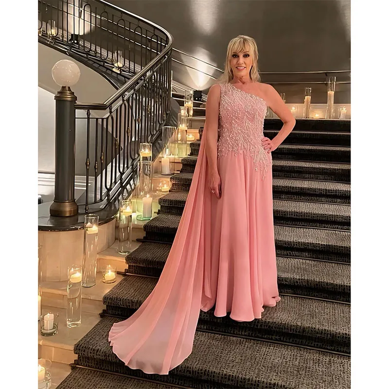 

Elegant Pink Mother Of The Bride Dresses One Shoulder Beaded Wedding Guest Dress Ruffle Long Evening Gowns