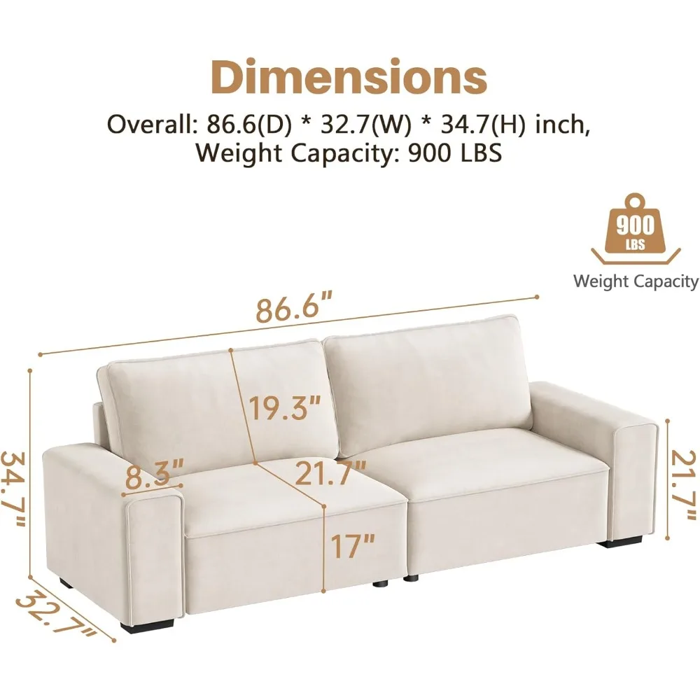 أريكة شانيل مقاس 87 بوصة لغرفة المعيشة، أريكة مريحة بثلاثة مقاعد مع مسند ذراع عريض، وسائد زنبركية سميكة، غطاء قابل للإزالة #2