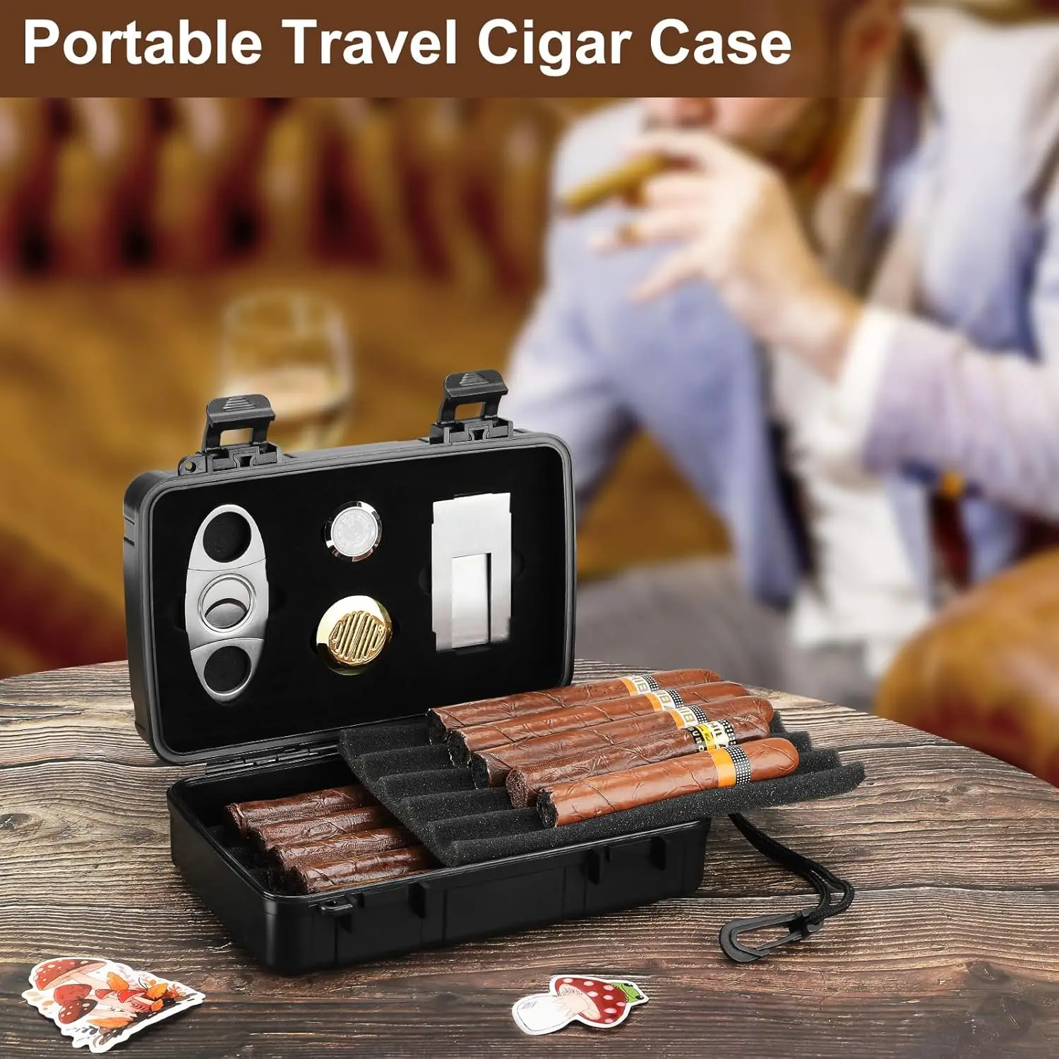 Portable Cigar Humidor Holds 10 Cigars with Cutter, Humidifier, Hygrometer - Travel Cigar Accessories Set for Men view 2