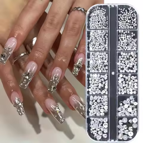 12Grid 3D Punk Style Pearl Semi-Ball Nail Art Decorations Silver Gold Mixed Size Jewelry Nail Accessories Shiny DIY Nail Jewelry