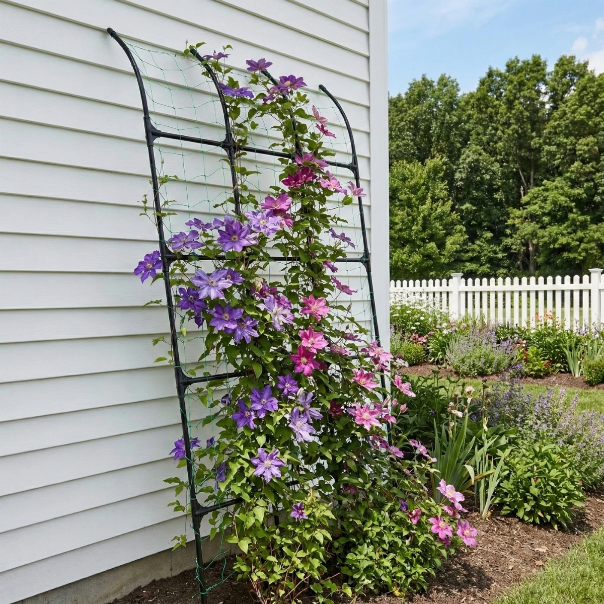 Half Garden Arch Trellis for Climbing Plants, No Drill PE Coated Metal Wall Arbor with Netting, Rustproof Semi-Circular Support
