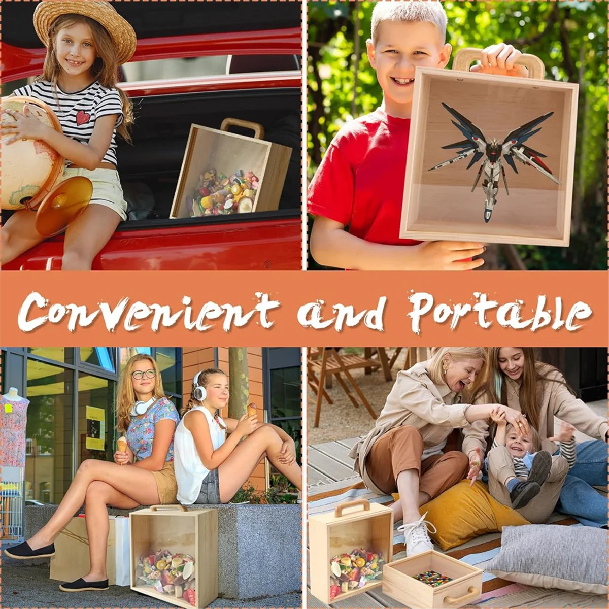 Boîte de rangement, organisateur de rangement de jouets, boîte de blocs de construction avec poignée et couvercles, coffre d'exposition de conteneurs de jouets pour enfants en bois naturel