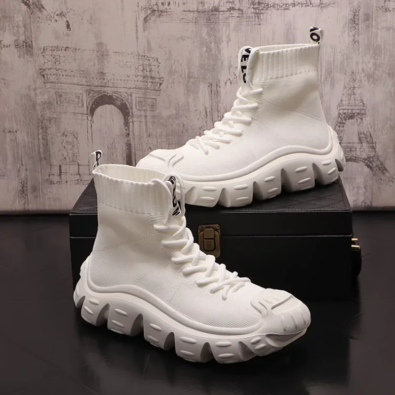 High Top Sneakers Men's Fashion Knitted Socks Boots Thick Sole Heightening Men's Shoes Casual Breathable Ankle Boots