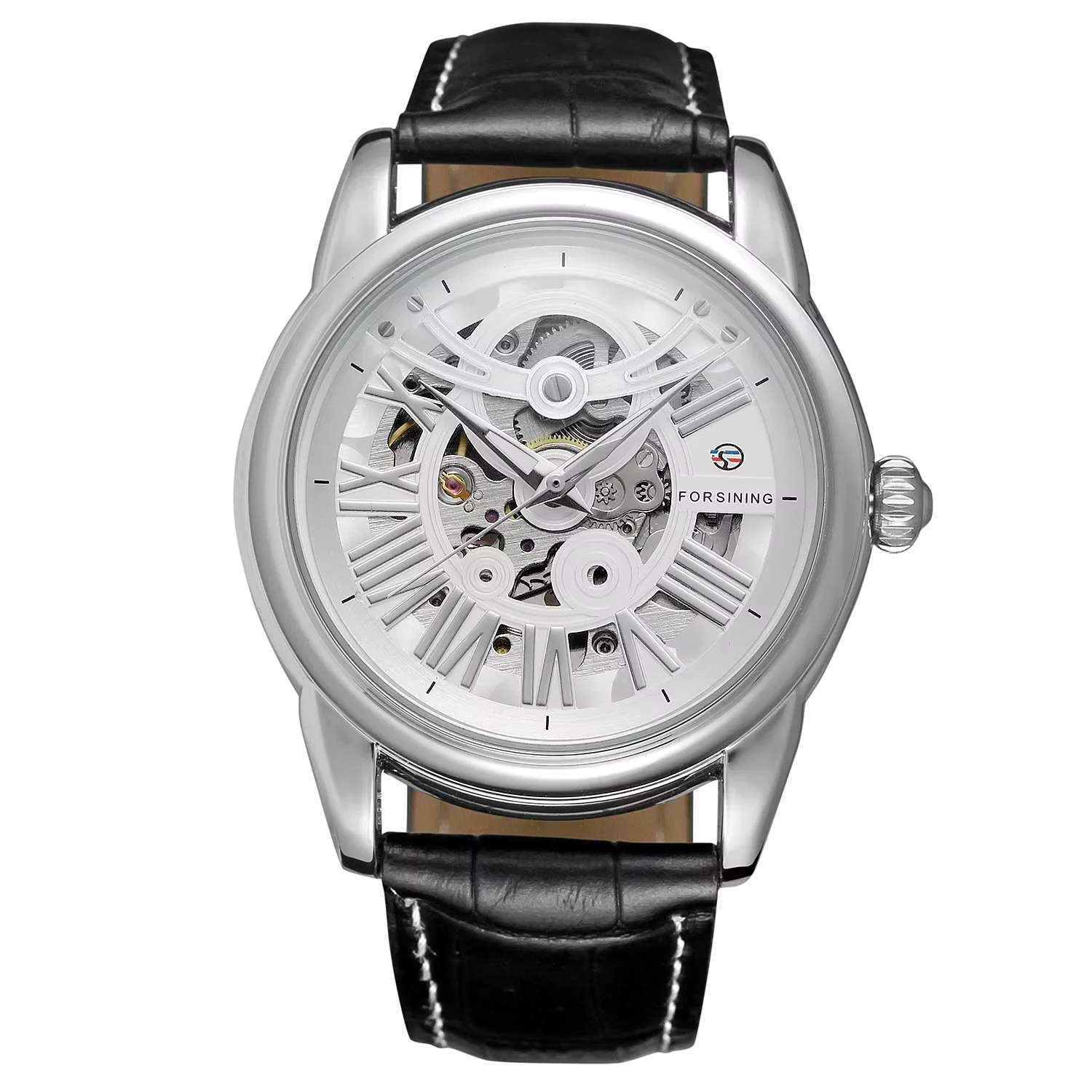 FORSINING Silver watch Hollowed-out beetle shape Pattern Roman digital mechanical leather strap Wrist watch for men and women