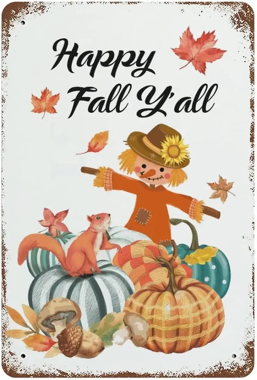 

Autumn Scarecrow Harvest Pumpkins Metal Sign Custom Signs Personalized Happy Fall Y'all Retro Garage Signs Funny Wall