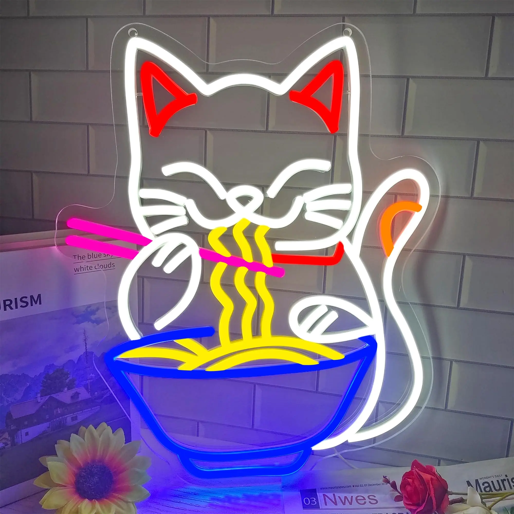 Lucky Cat Noodle Neon Signs LED Neon Light Sign Light Up Neon Signs Wall Decor for Home Bar Living Room Store Club Bistro