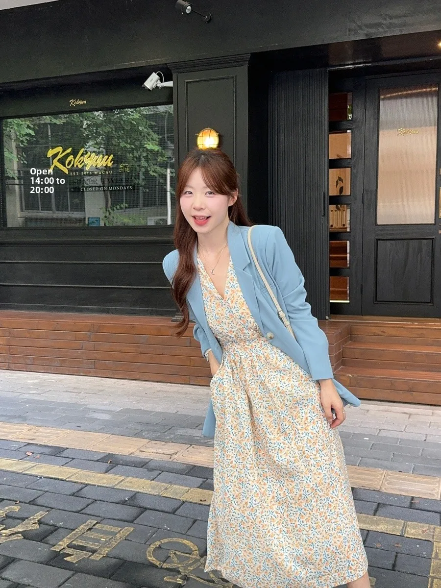 

Элегантный синий женский жакет с длинными рукавами, новый дизайн, весенний, средней длины, кардиган-накидка, стильный топ