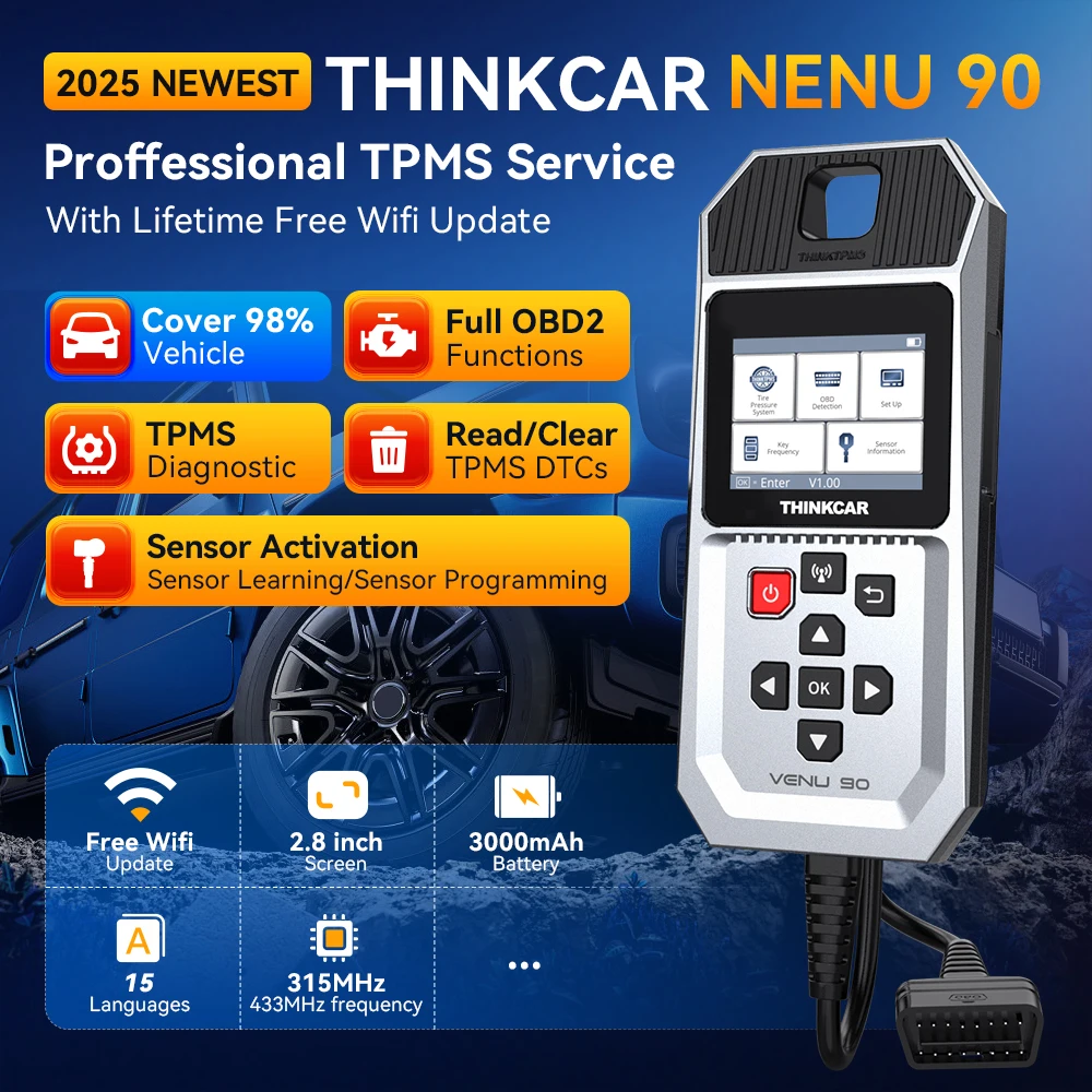 THINKCAR VENU 90 TPMS Tire Pressure Diagnostic Tool 315/433MHz Dual‑Frequency Sensor Activation Programming Relearn DTC Code Reading Professional Auto Tire Monitoring Repair Scanner