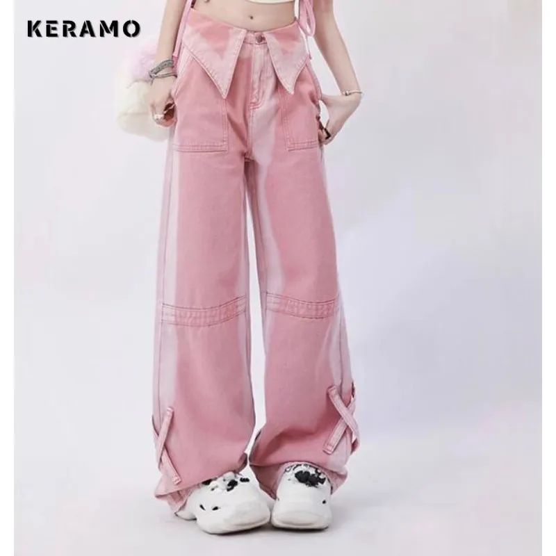 Imagem -02 - Calça Jeans Solta de Cintura Alta Feminina Harajuku Doce Y2k Perna Larga Larga Larga Calça Jeans Estilo Rua Alta Rosa Outono Inverno 2023