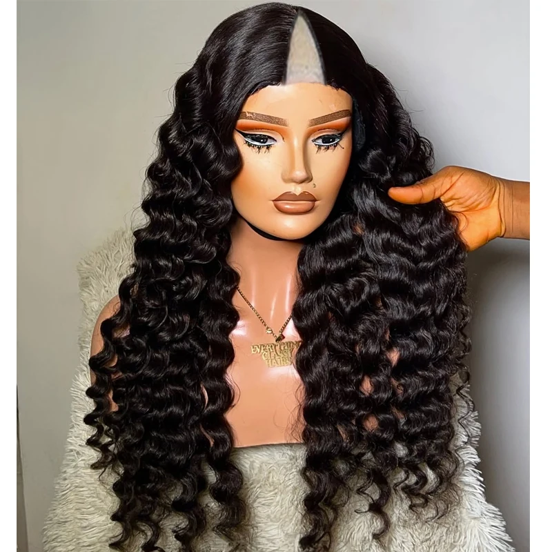 

Super Long Natural Black Deep Wave 100% Remy Human Hair 1x4 Middle V Part Wigs Adjustable Easy Daily Wear V Part Wig for Women
