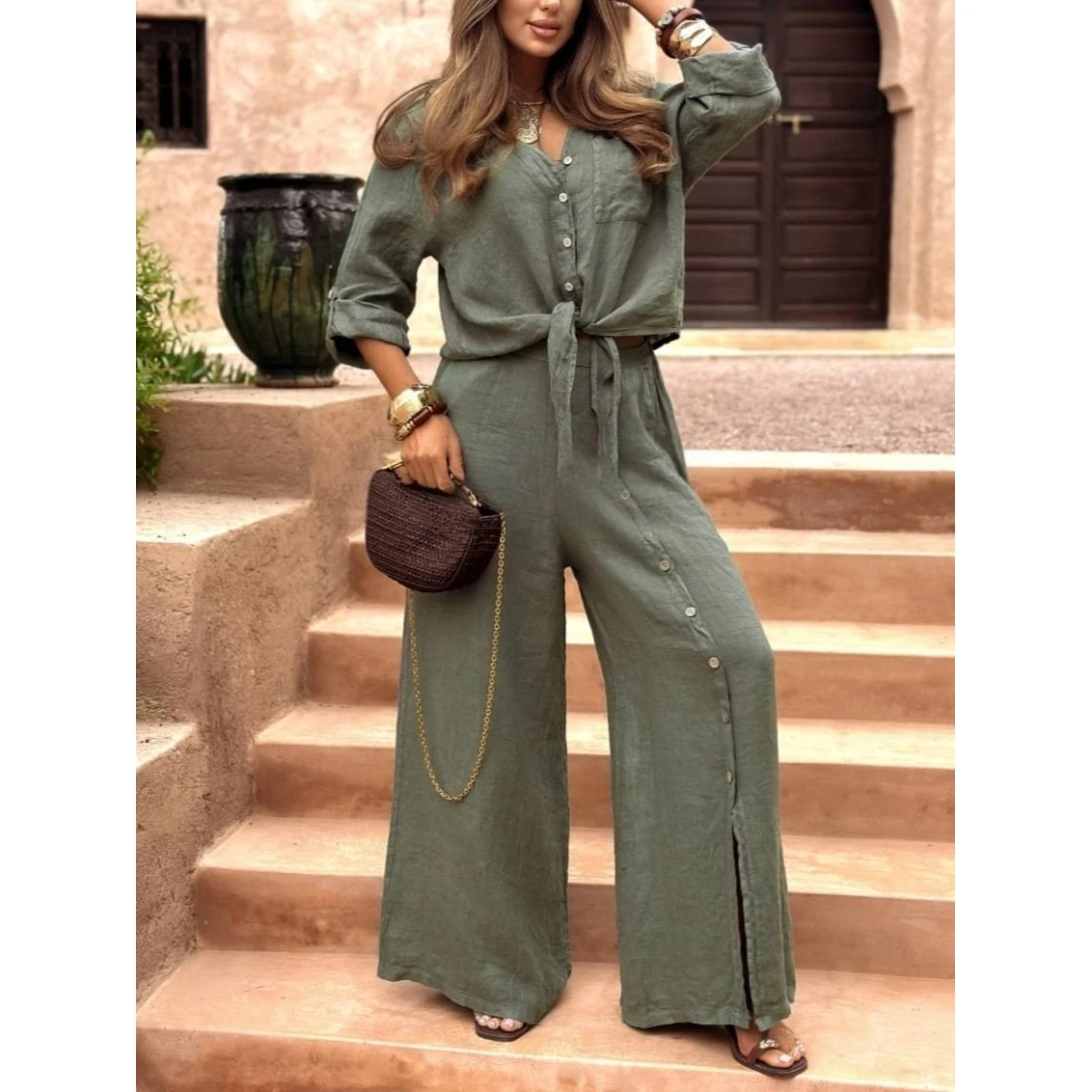 Conjunto largo de lino y algodón Sve para mujer, Color puro, con botones, Dr Casual Sle, temporada de otoño, Faion juvenil, estación independiente