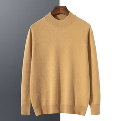 Spring and Autumn New 100% Pure Cashmere Sweater Men's Double layered Half High Collar Pullover Youth Knitted Seamless Sweater