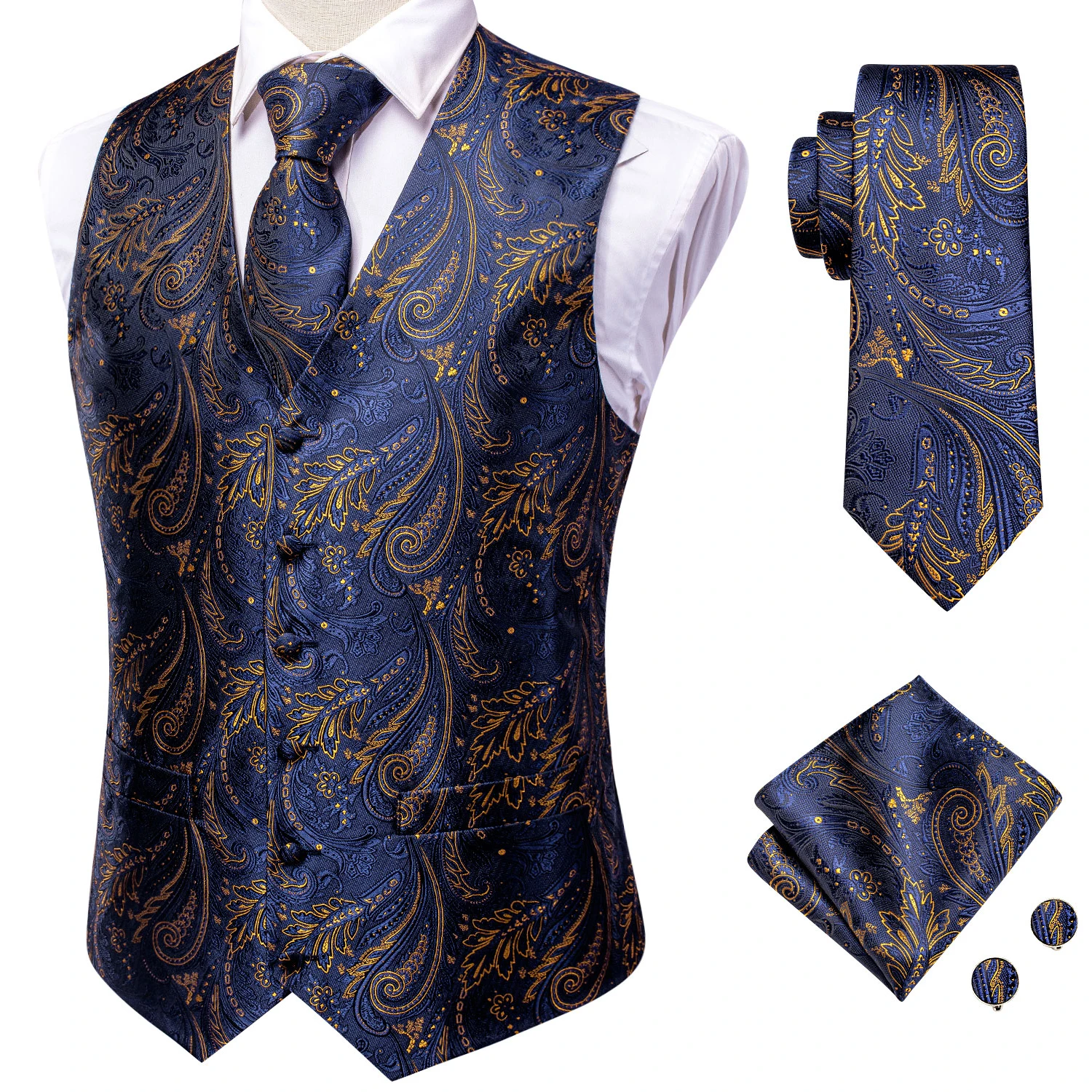 Hi-Tie Navy Paisley 100% Silk Dress Vest Set For Men Dark Blue Jacquard Men\'s Suit Vest Male Waistcoat For Wedding Formal Jacket