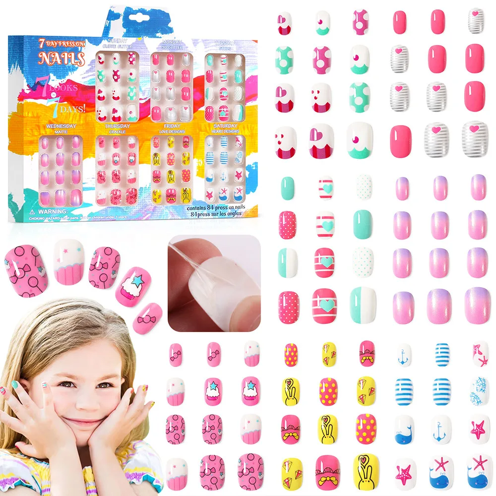 84pcs press on nails for Kids cake star False Fake Nails Full Cover stick on nails Children Nail Stickers False Nail Decor