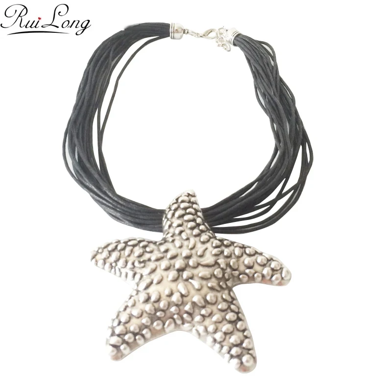 RUI LONG Multi-layers Black PU Cord Starfish Star Alloy Lobster Clasp Necklace for Women