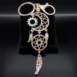 Moon Sun Pink Dream Feather Catcher Key Chain for Women Rhinestone Metal Gold Color Dreamcatcher Keychain Gift Jewelry K9215S01