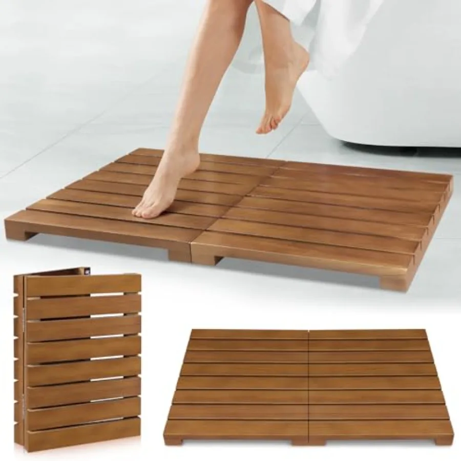 

Teak Shower Mat - Foldable Wood Bath Mat Floor Mat for Bathtub Door Spa Sauna Pool Ideal for Indoor Outdoor