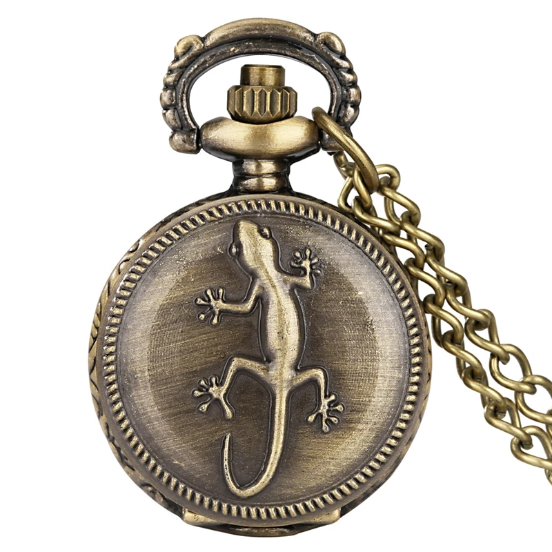 Montre de poche à Quartz pour hommes et femmes, Vintage, motif lézard Gecko, Animal, collier en Bronze, petite taille