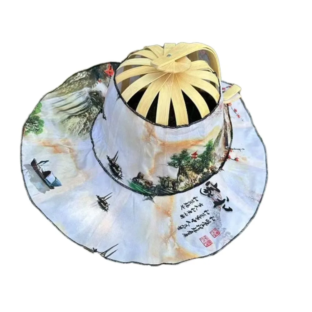 

Wide Brim Folding Fan Hat Foldable Floral Printed Fan Sun Hats UV Protection Chinese Style Bamboo Sunscreen Cap for Travel