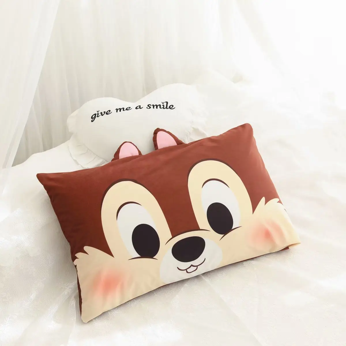 Disney Chip \'n\' Dale Pillowcase Kawaii Chipmunk Detachable Pillowcase Cartoon Soft Plushie Pillow Core Cover Women Pillowcase