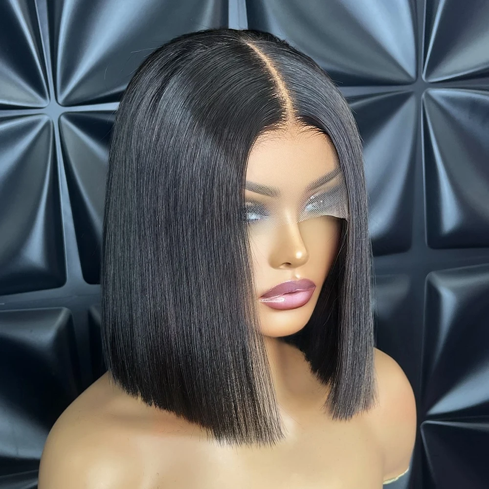 Short Straight Bob Glueless Front Human Hair Wig For Black Woman 13×6 HD Transparent Lace Wigs 350 Density 8-14 Inch Pre Plucked