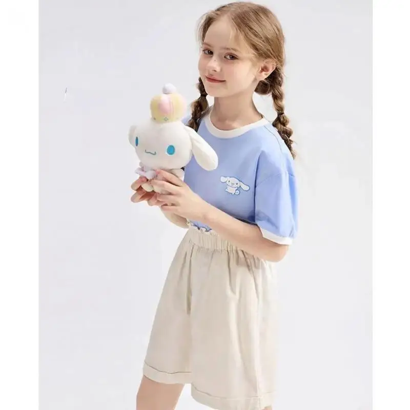 Sanrioed dziecięca bawełniana koszulka z krótkim rękawem Kawaii Cinnamoroll Girl Cartoon Fashion w stylu Casual, letnia nowe ubrania dla dzieci prezent dla dziewczynki