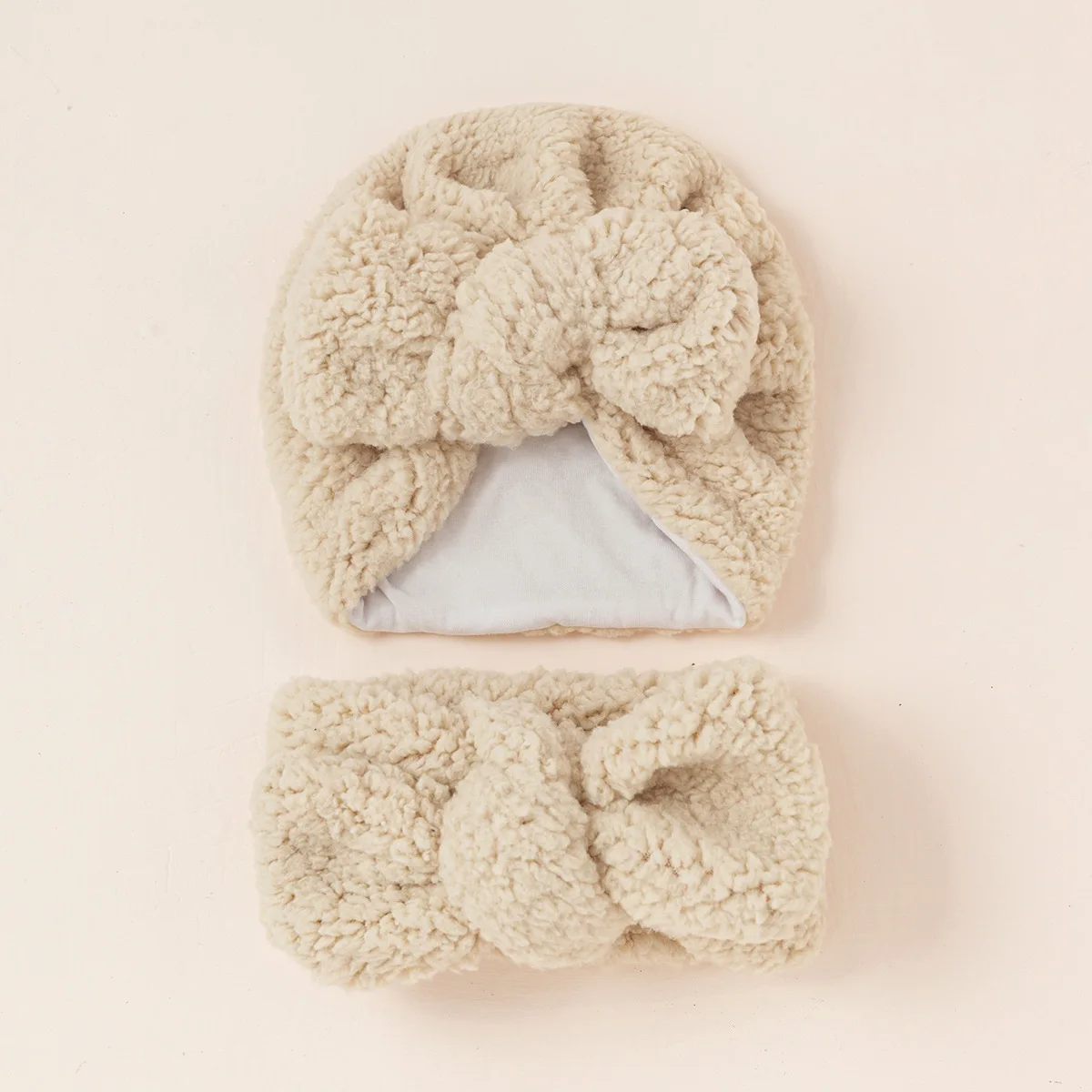 Cute Newborn Baby Hats Scarves Set Knot Turban Teddy Fabric Fluffy Ear Warmer Infant Indian Hat  Boys Girls Soft Scarf Winter