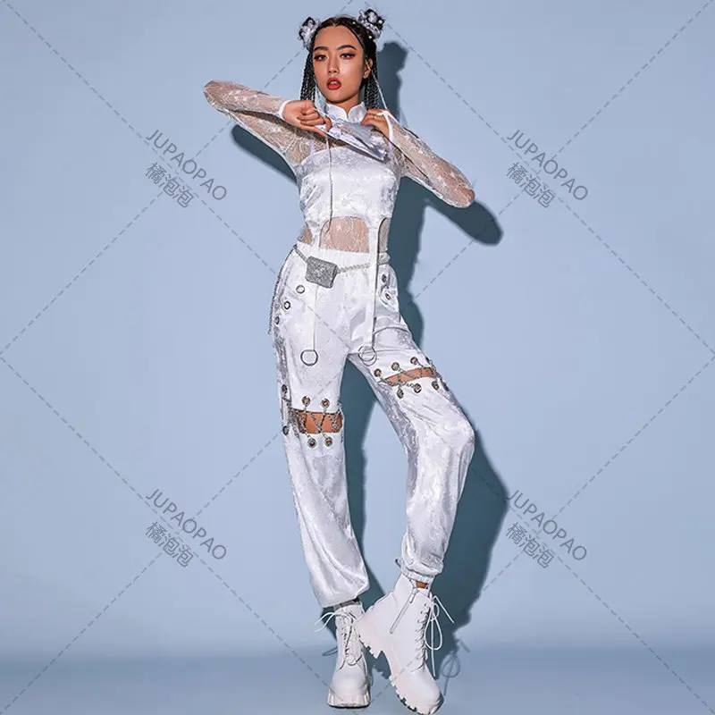 2023New Jazz Dance Costume Women Sexy White Lace Gogo Dancer Outfit Hip Hop Clothes Korean Singer Stage Costume Dj Ds Rave Wear