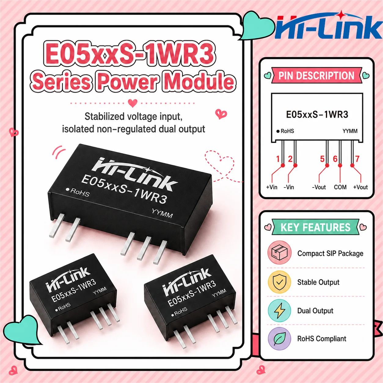 Hi-Link E0505S E0512S 1W 5Pin SIP Transformer 3000VDC Partition 89 Percent Transfer Low Ripple Dual Unregulated Output Unit