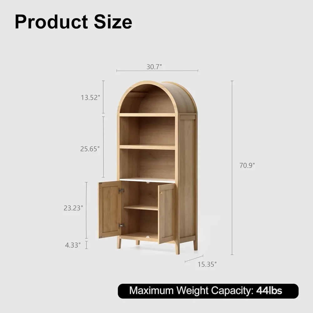 Arched Bookcase with Doors, Modern Farmhouse Storage Cabinet, Adjustable  Book Shelf Kitchen Pantry Display Organizer