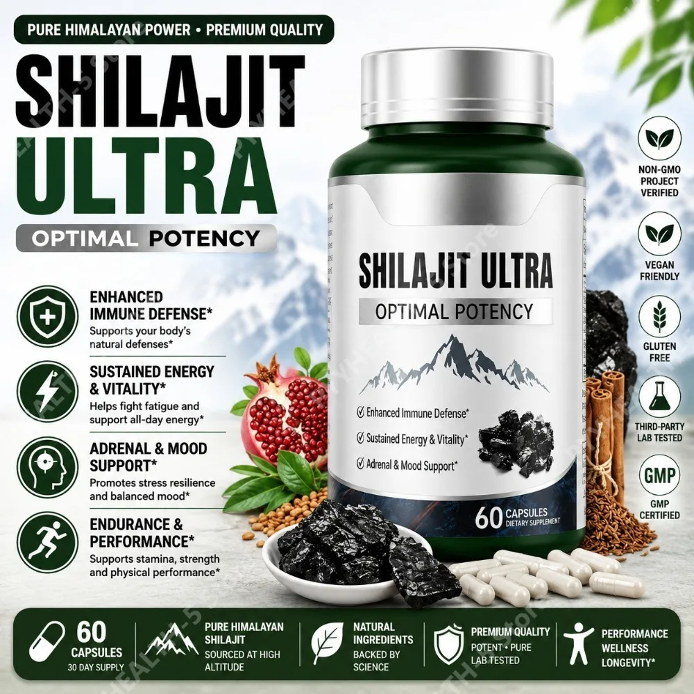 Shilajit Herbal Blend Supplement 60 Capsules with L-Arginine Pomegranate Cinnamon Cumin Antioxidant Daily Wellness Support