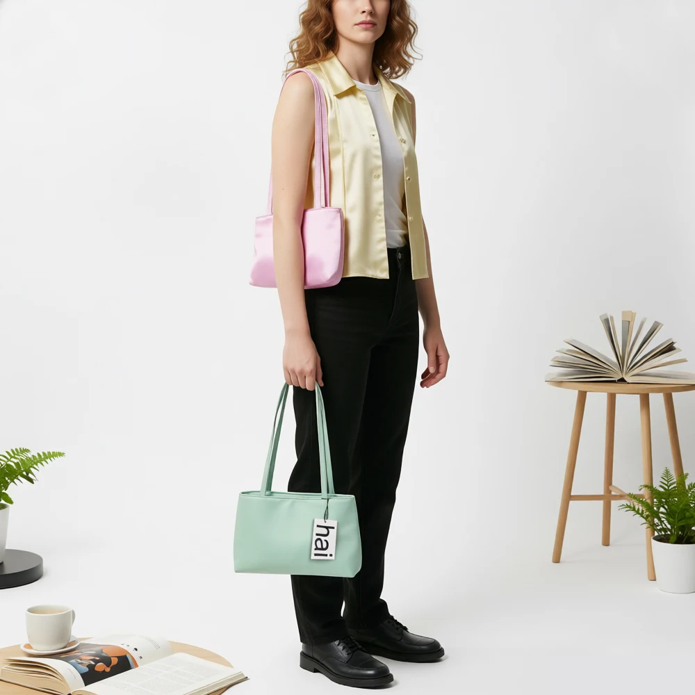 Silk Shoulder Bag Women's Square Underarm Handbag Brand Satin Commuter Tote with Contrasting Color Macaron Design for Phone