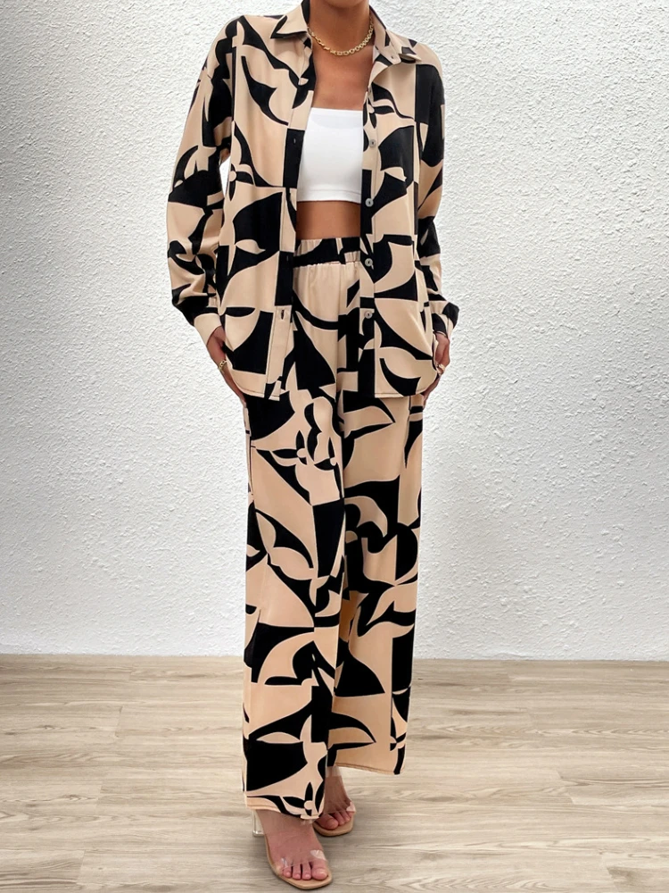 2 Piece Sets Women Outfit New in Spring Summer Fashion Women Tops Elegant Commuting Printed Button Pants Set Women's Clothing