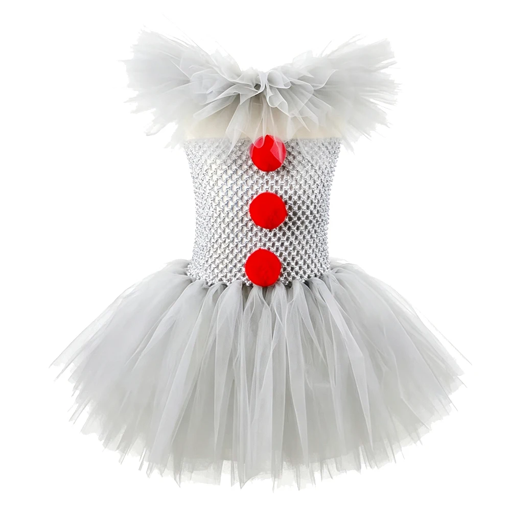 Girls Spooky Grey Clown Tutu Costume Set 2-10Y with Gloves Kids Halloween Cosplay Outfit Christmas Birthday Party Fancy Dress