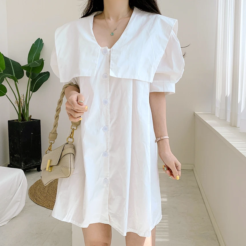 REALEFT 2023 Neue Sommer Vintage frauen Hemd Kleider Kurze Puff Sleeve V-ausschnitt Einreiher Casual Lose A-line Kleid Weibliche
