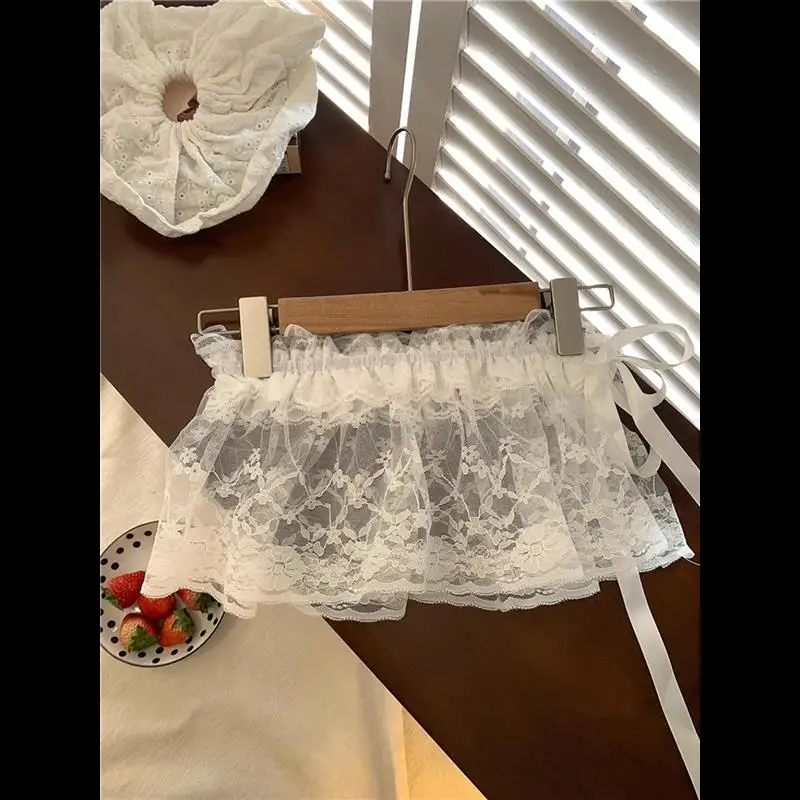 

Sweet Short Lace Skirt with Apron Hem Elastic A-Line Heavy Embroidery Ribbon Tie Mesh Layering Women's Fashion Fairy Skirt