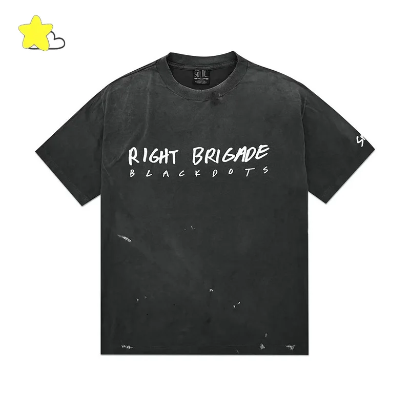 

25SS High Street Vintage Washed Black Splash-Ink Saint T Shirt Men Women Top Quality Cotton Handwritten Letter Print T-Shirt Tee