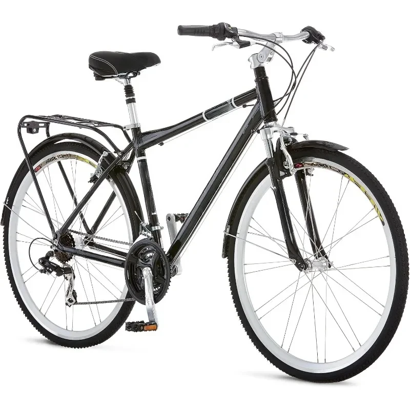 Adult Hybrid Bike for Men and Women,  21-Speeds, Step-Through or Step-Over Frame, Front and Rear Fenders, Rear Cargo Rack