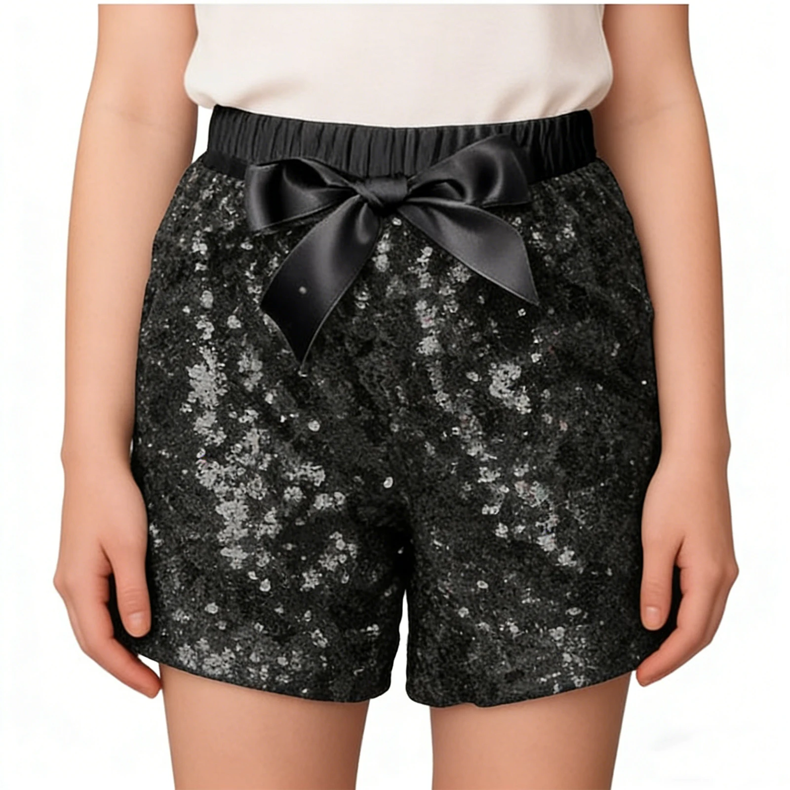 

Girl's Elastic Waistband Shorts Loose Comfortable Casual Fashion Solid Color Sequined Shorts with Bow Decoration No Drawstring