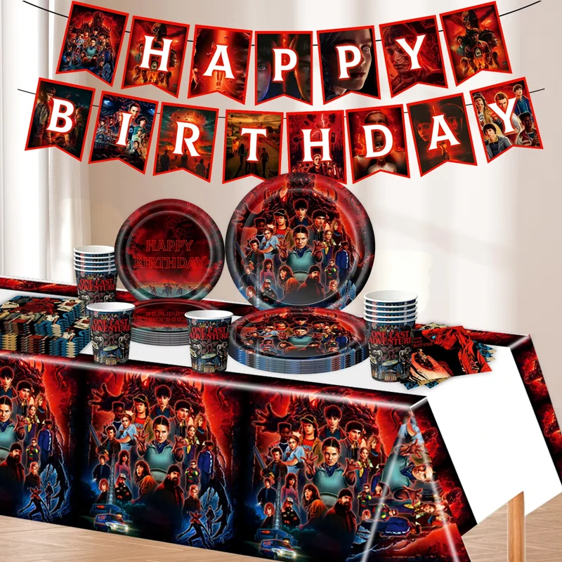 Stranger Birthday Party Dekorations- und Geschirrset „Welcome To The Other Side“ – Teller, Becher, Horror-Party-Zubehör, Geschenktüte, Hintergrund – Detail 8