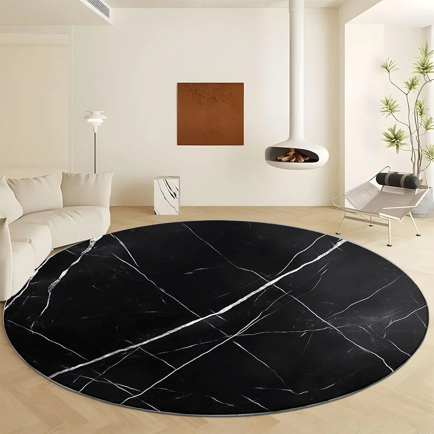 Marble Effect Round Rug – Soft Non-Slip Low-Pile Carpet with Black & White Fine Line Design